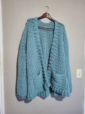 Cozy Open-Front Crochet Cardigan Sweater - Light Teal XL